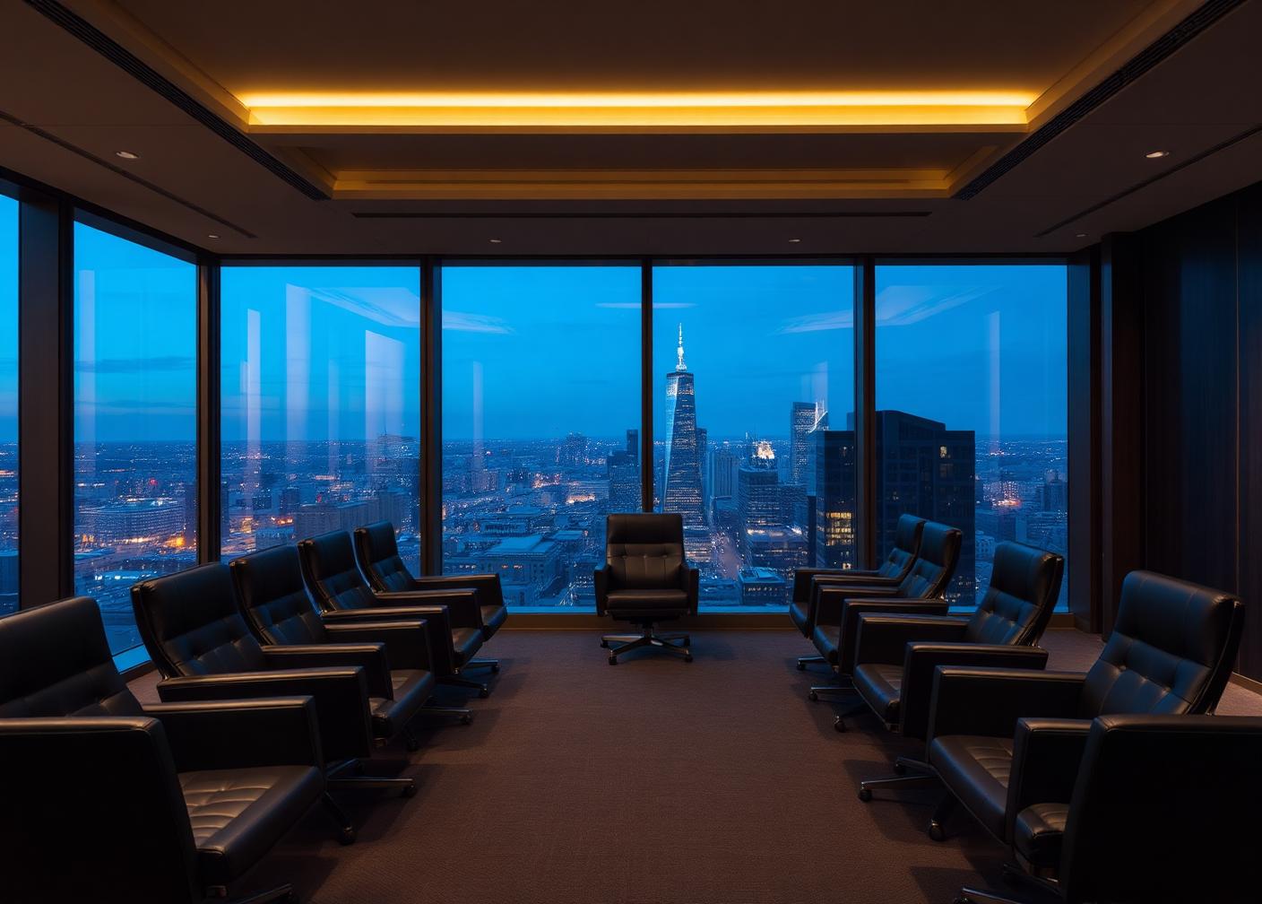 Executive boardroom overlooking a city skyline at blue hour